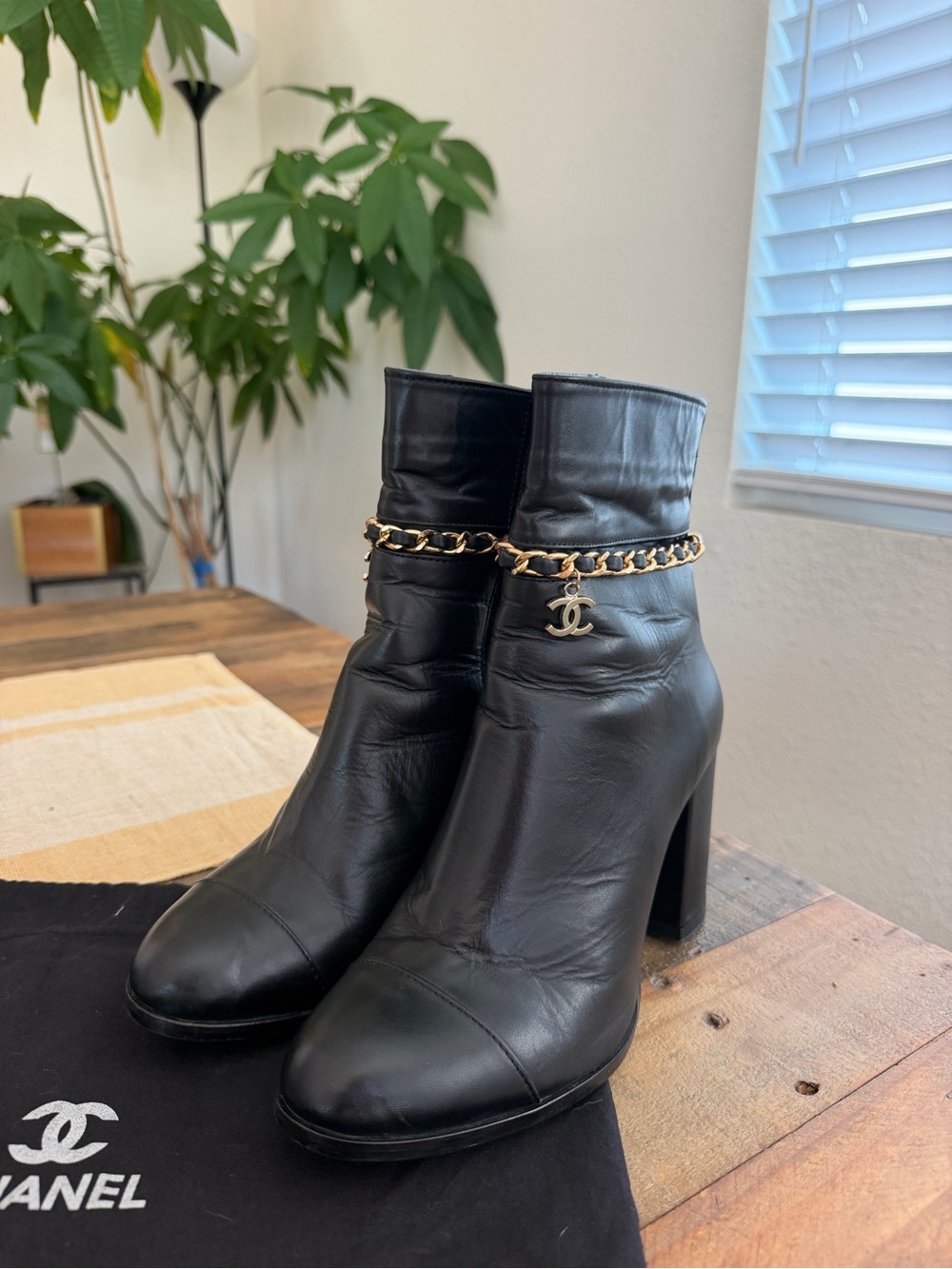 CHANEL Black Leather Chain-Detail High Heel Ankle Boots